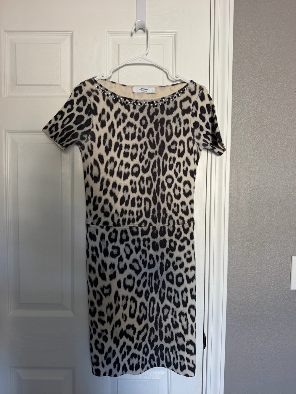 Leopard-Print Short Sleeve Sheath Dress with Embellished Neckline